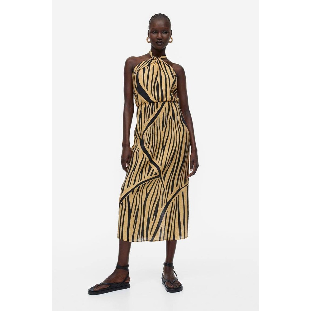 H&M 27G NWT Zebra‎ Print Halter Neck Maxi Dress Beige Black LivaEco Viscose XXL